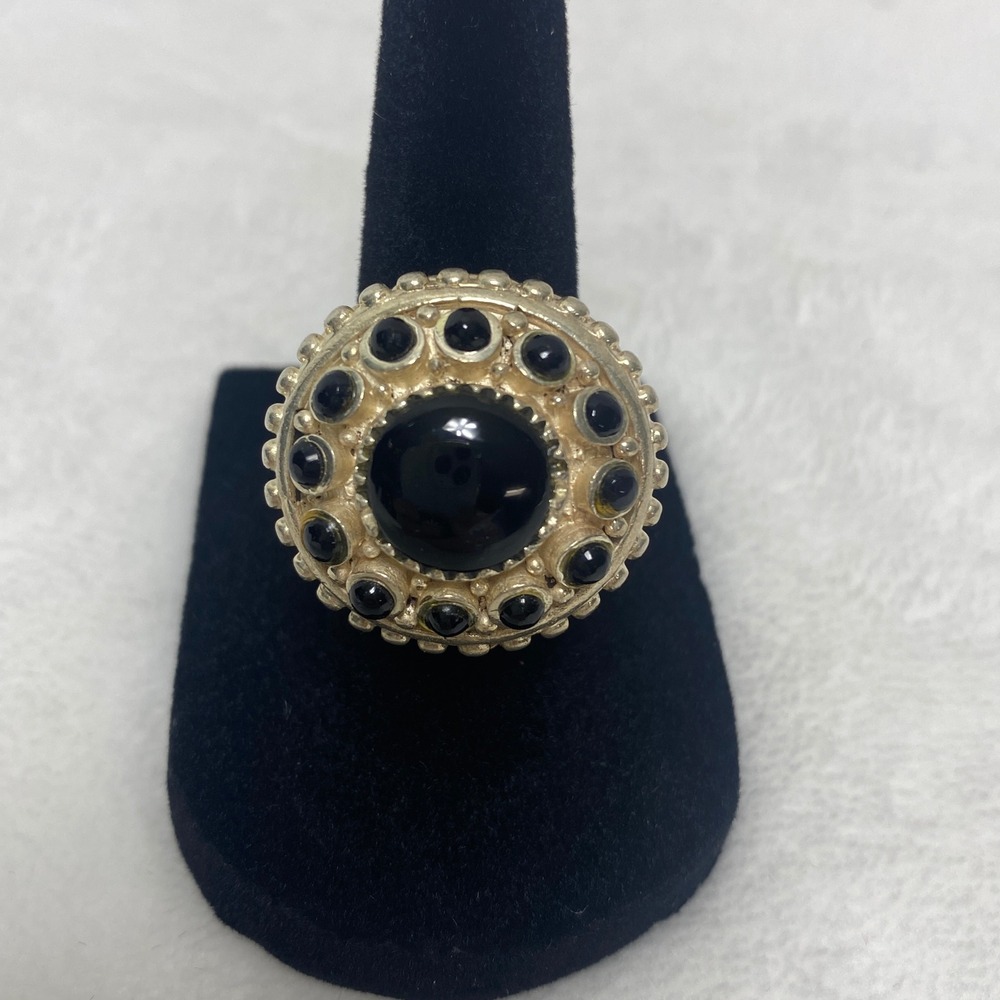Sterling Silver 925 Statement Ring Black Onyx Faceted Stones Ornate Chunky Sz 7
